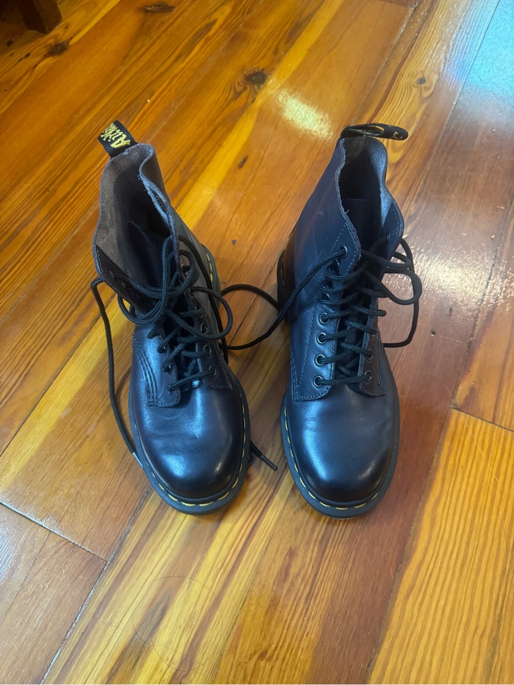 Dr. Martens Black Leather Lace-Up Boots with Yellow Stitching